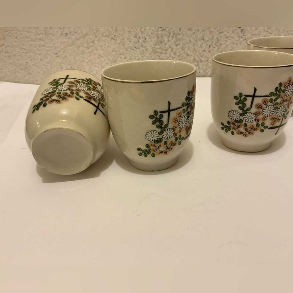 Vintage Japanese Tea Saki Set 3 Cups Gold Trim W Flowers CottageCore Bone China